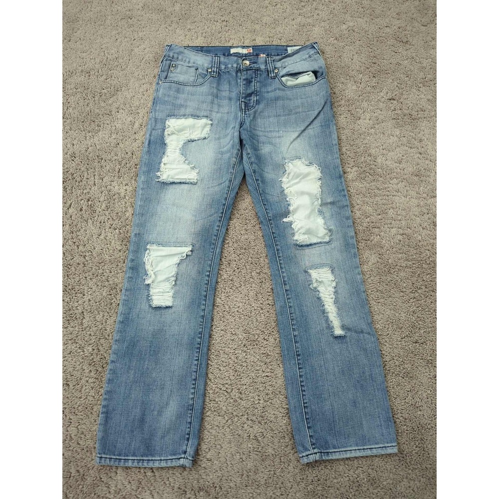 G by Guess Jeans Mens 33x32 Blue Calan Low Straight Distressed Patched